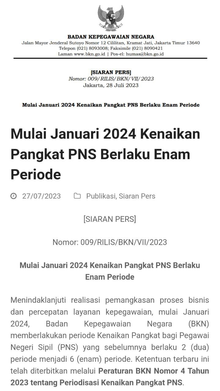 Aturan Baru BKN, Mulai Januari 2024 Kenaikan Pangkat PNS Berlaku Enam Periode