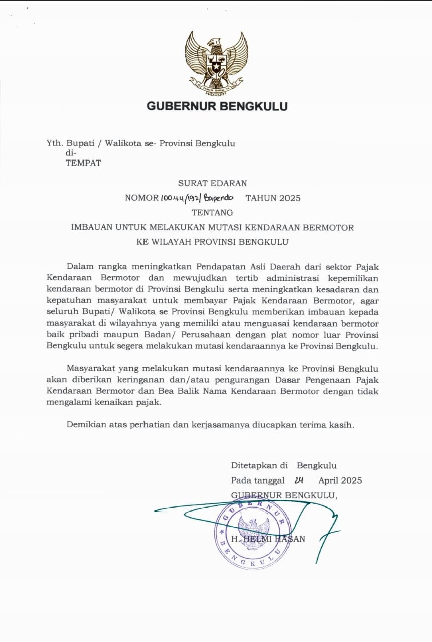 Mutasi Kendaraan Bermotor, Gubernur Bengkulu Berikan Keringanan Pajak Bagi Masyarakat