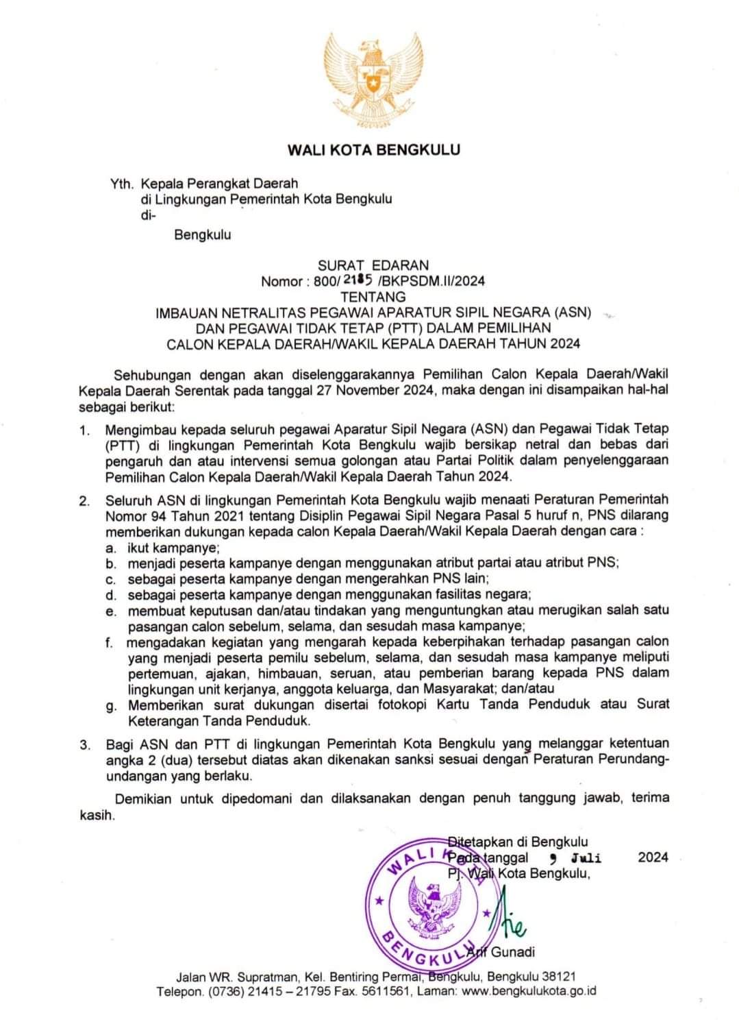 Walikota Bengkulu Keluarkan Surat Edaran Tentang Imbauan Netralitas ASN dan PTT di Pilkada 2024