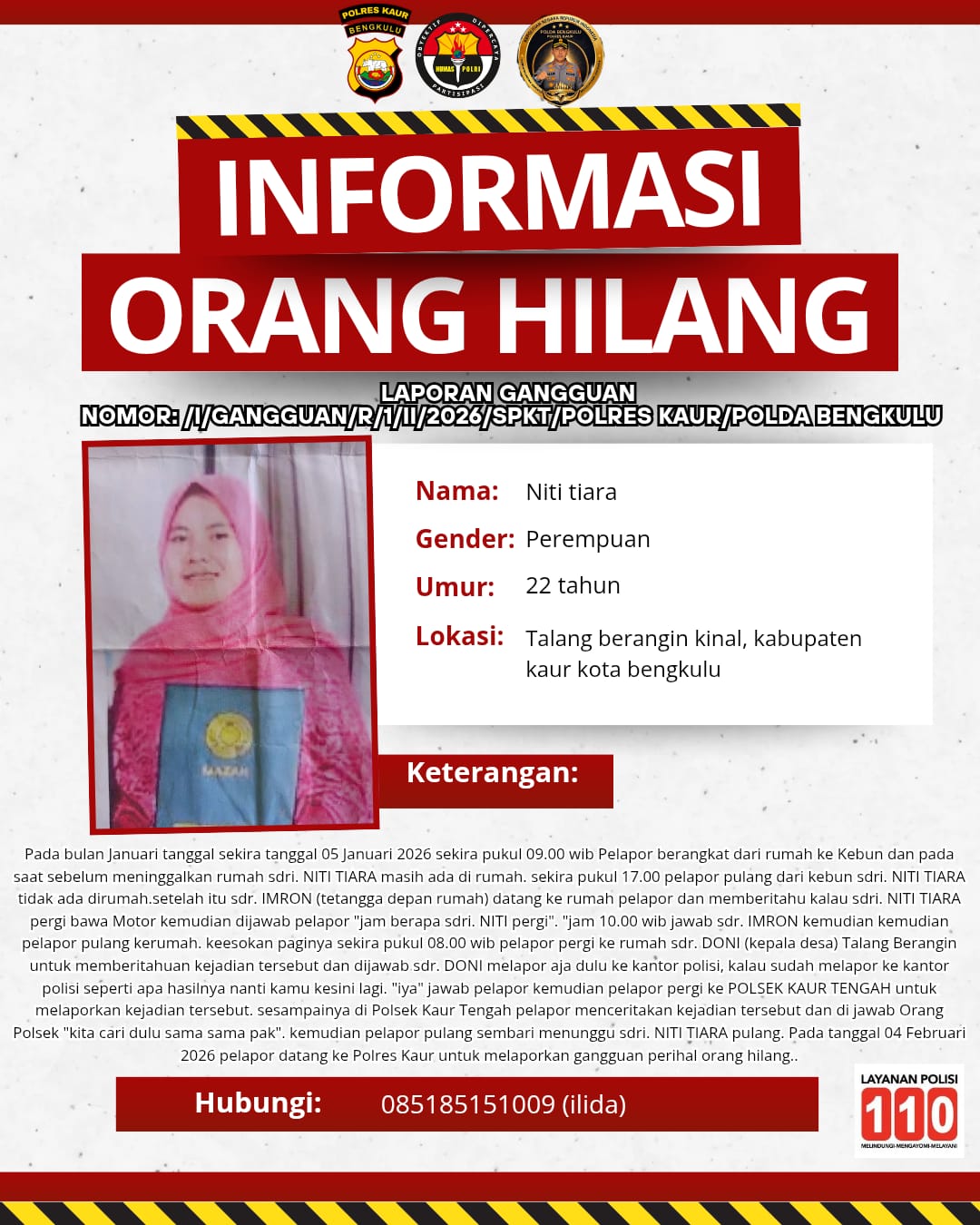 Pamit ke Kebun, Gadis Kaur Menghilang Sebulan, Polisi Minta Bantuan Warga