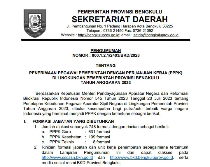 Penerimaan PPPK 2023 Dibuka, Pemprov Bengkulu Siapkan 748 Formasi, Cek di Sini!