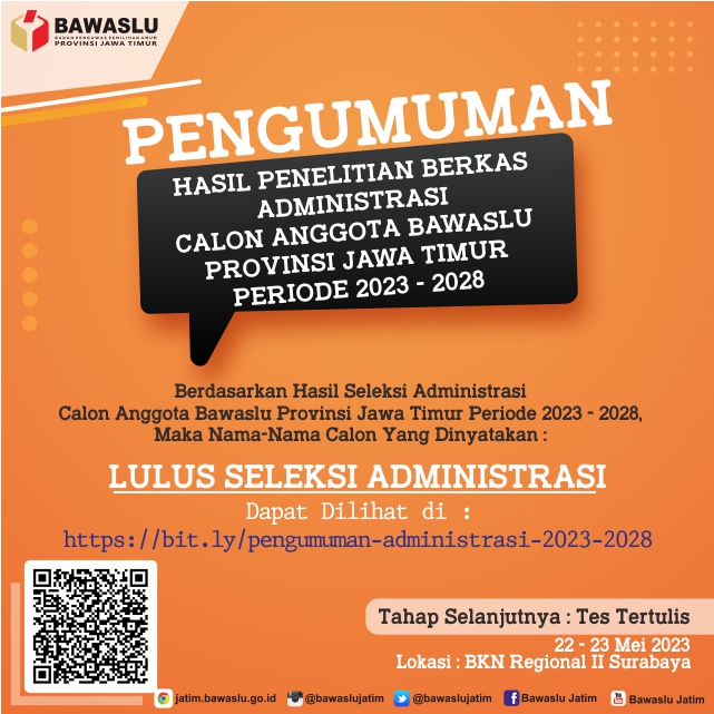 Pengumuman Hasil Penelitian Berkas Administrasi Calon Anggota Bawaslu Jawa Timur 2023-2028