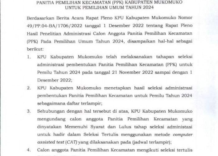 Penetapan Hasil Seleksi Administratis PPK Kabupaten Mukomuko Tahun 2024