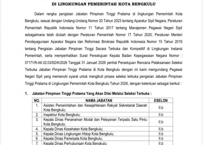 Pemkot Bengkulu Buka Seleksi Terbuka 10 Jabatan Pimpinan Tinggi Pratama