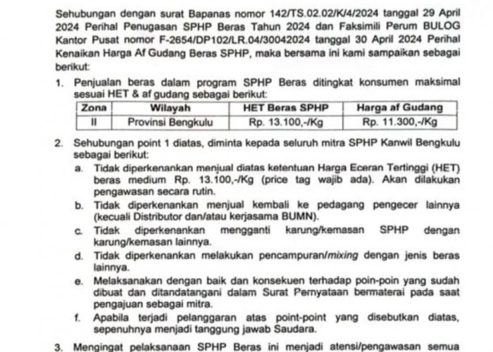 Harga Beras SPHP di Wilayah Bengkulu Naik