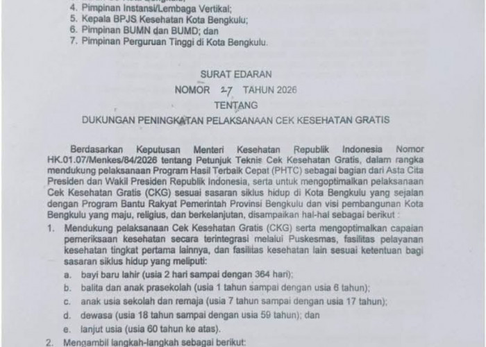 Walikota Terbitkan SE Perkuat Pelaksanaan Cek Kesehatan Gratis, Libatkan Seluruh OPD hingga Perguruan Tinggi