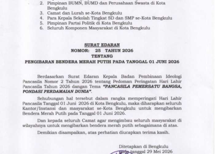 Pemkot Bengkulu Ajak Warga Kibarkan Merah Putih pada 1 Juni 2026