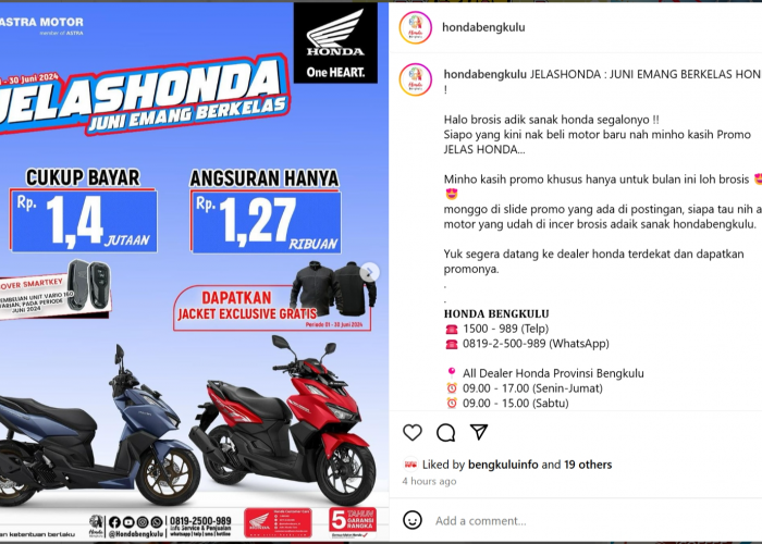 Juni Emang Berkelas Honda, Ada Promo Potongan Angsuran Pembelian Motor Honda 