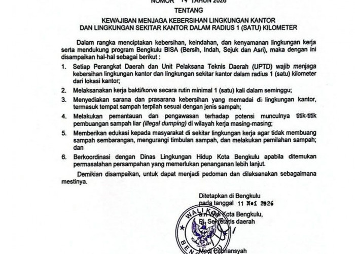 Seluruh OPD di Pemkot Bengkulu Wajib Jaga Lingkungan Kantor hingga Radius 1 Kilometer