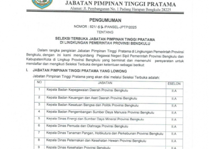 Berkarir di Pemprov Bengkulu, Ini Jadwal Lengkap Lelang Eselon II 