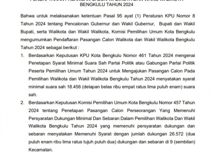 KPU Kota Bengkulu Resmi Buka Pendaftaran Pasangan Calon Walikota dan Wakil Walikota Bengkulu 2024