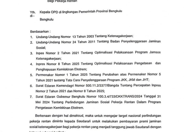 Pemprov Bengkulu Jamin Pekerja Rentan Dapat Perlindungan 