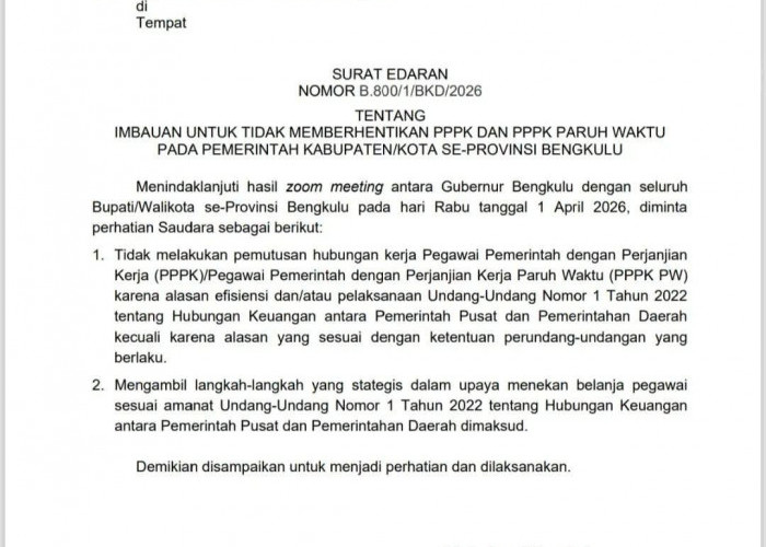 Angin Segar, Gubernur Bengkulu Terbitkan SE Larang Bupati/Walikota Pecat PPPK, Ini Poin Pentingnya