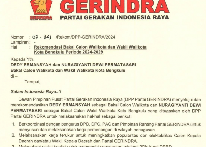 DPP Gerindra Keluarkan Rekom ke Dedy Ermansyah - Nuragiyanti Maju Pilwakot Bengkulu