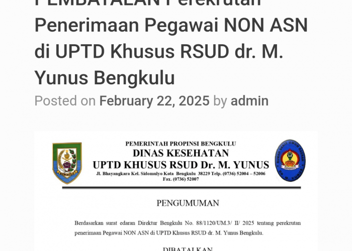 RSUD M Yunus Batalkan Rekrutmen Non ASN 2025