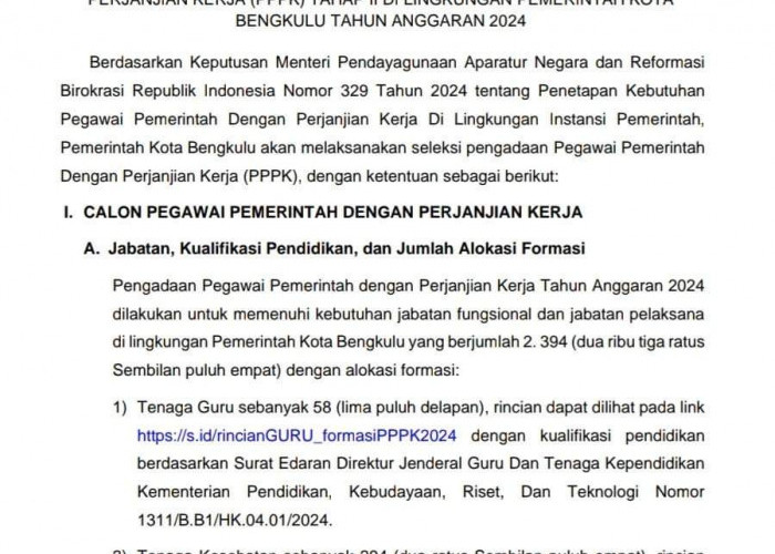 Pemkot Bengkulu Mulai Buka Seleksi P3K Tahap II, Kuota 2 Ribu Lebih