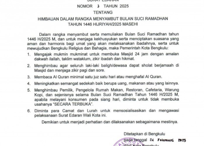 Ramadhan 2025 di Bengkulu, 6 Poin Imbauan untuk Suasana Ibadah yang Khusyuk