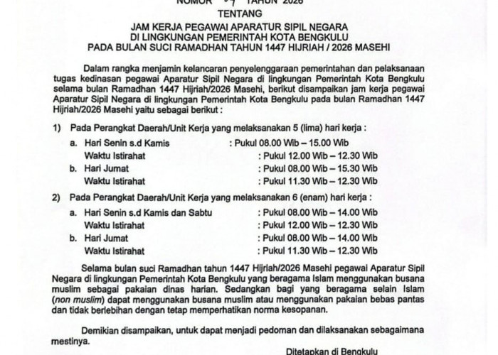 Ramadan 1447 H, Pemkot Bengkulu Sesuaikan Jam Kerja ASN demi Layanan Tetap Prima