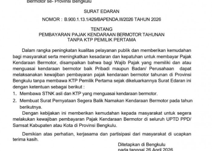 Terobosan Pemprov Bengkulu, Bayar Pajak Cukup STNK dan KTP Pengguna