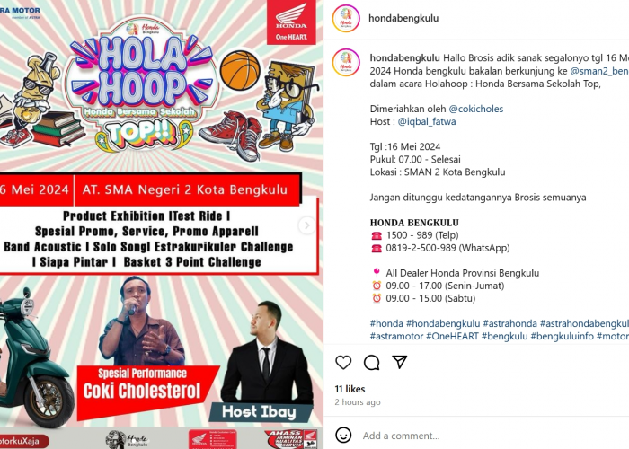 Jangan Lewatkan Hola Hoop Honda Bersama Sekolah di SMAN 2 Kota Bengkulu, Spesial Performance Coki Cholesterol