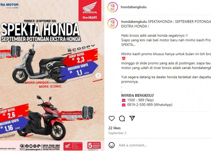 Spektakuler! Astra Motor Bengkulu Tawarkan Promo 'Spekta Honda September' dengan Potongan Ekstra 