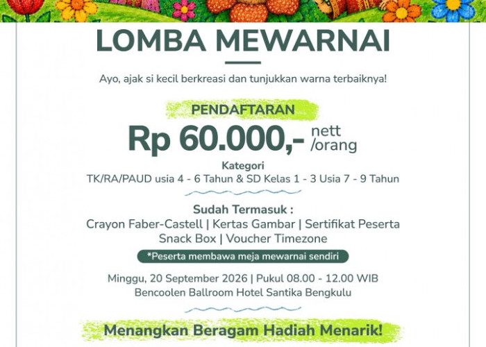 Asah Kreativitas Anak, Hotel Santika Bengkulu Gelar Lomba Mewarnai 20 September