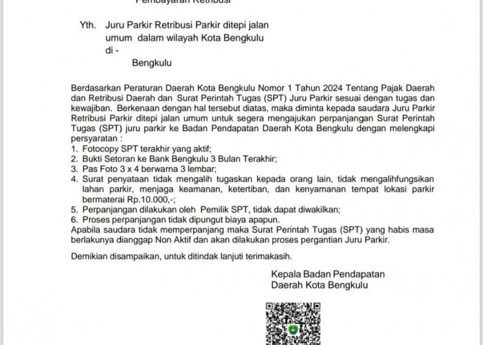 Bapenda Kota Bengkulu Imbau Juru Parkir Segera Perpanjang SPT