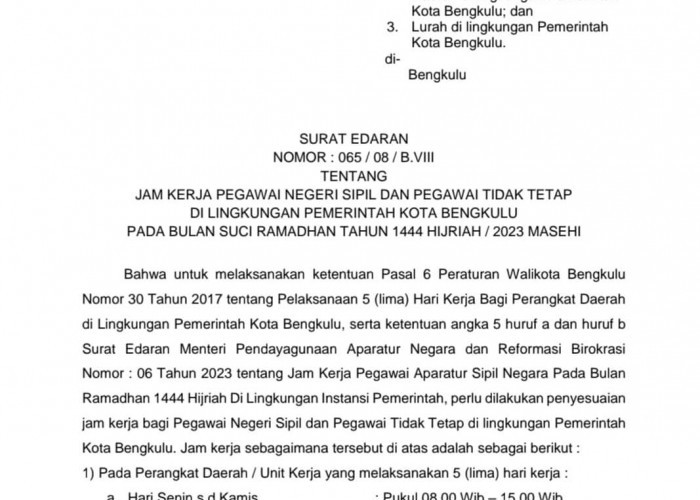 Selama Ramadan 2023, Ini Aturan Jam Kerja dan Busana ASN Pemkot Bengkulu 
