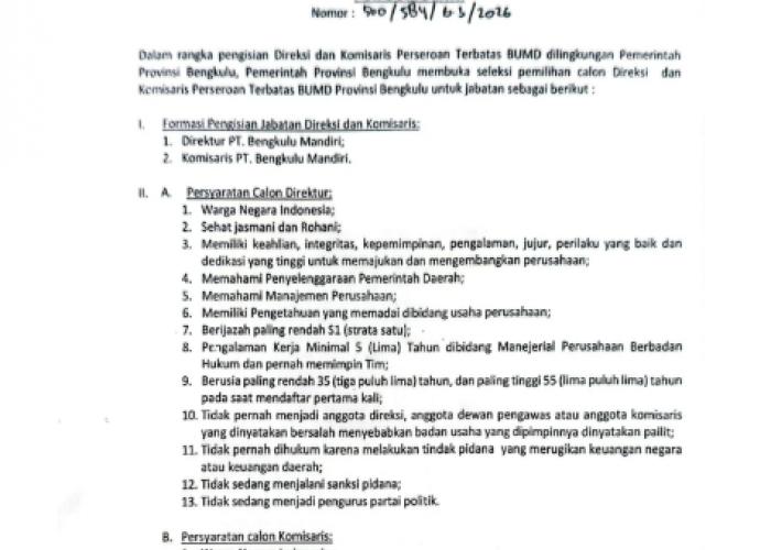 Pemprov Bengkulu Buka Seleksi Direksi dan Komisaris PT Bengkulu Mandiri, Ini Syaratnya
