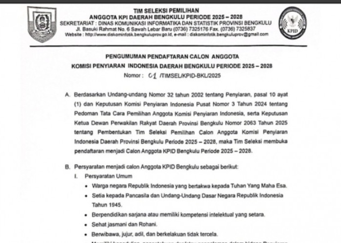 Pendaftaran Calon Komisioner KPID Bengkulu Dibuka, Ini Syarat  dan Tahapannya