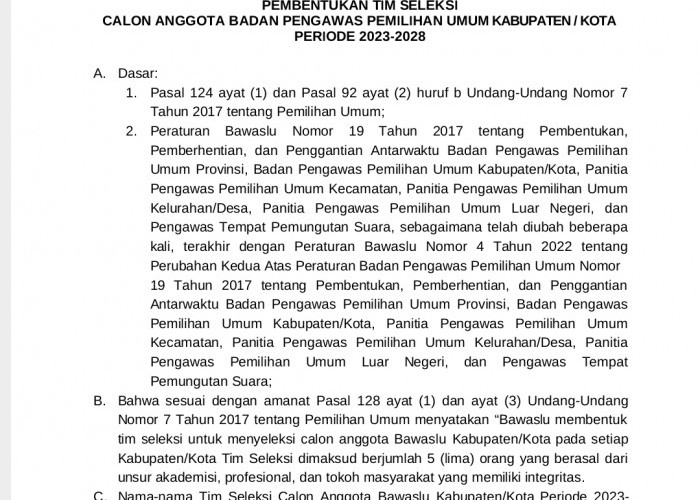 Ini Dia Timsel Bawaslu Kabupaten dan Kota se-Indonesia Tahun 2023