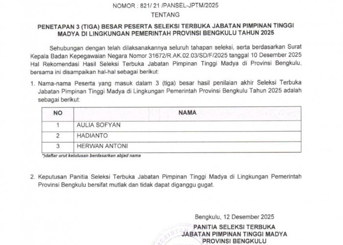 Pansel Umumkan Tiga Besar Calon Sekda Provinsi Bengkulu