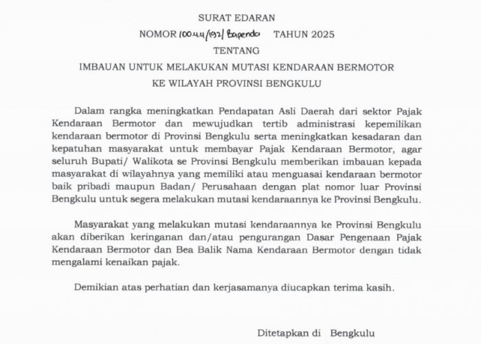 Mutasi Kendaraan Bermotor, Gubernur Bengkulu Berikan Keringanan Pajak Bagi Masyarakat