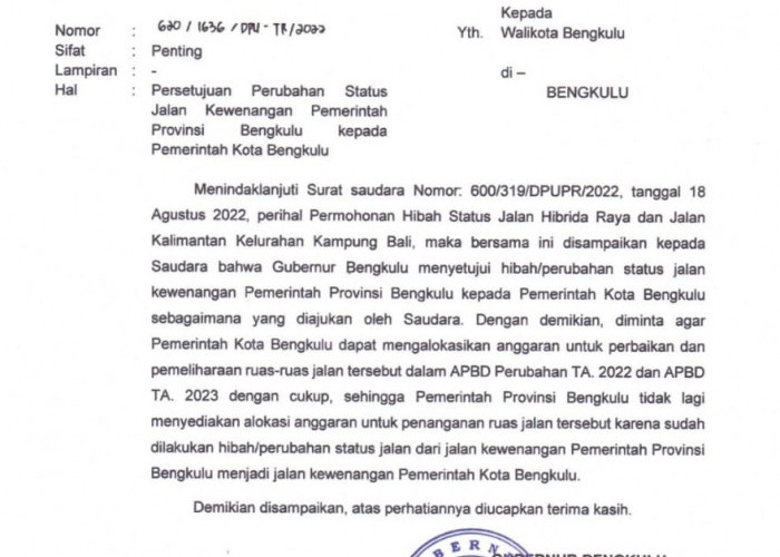 Gubernur Bengkulu Setujui Alih Status Ruas Jalan Hibrida dan Jalan Kalimantan ke Pemkot