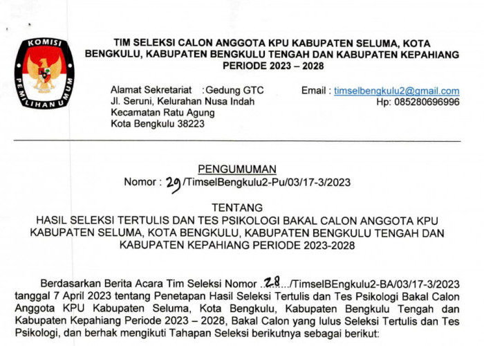 Nama-nama yang Lulus 20 Besar Seleksi Calon KPU Kabupaten/Kota Provinsi Bengkulu 