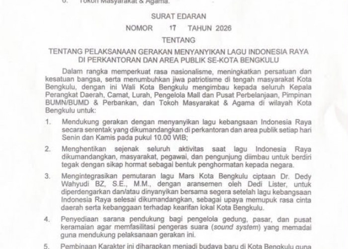 Pemkot Bengkulu Wajibkan Pemutaran Indonesia Raya Dua Kali Sepekan, Dilanjutkan Mars Kota Bengkulu